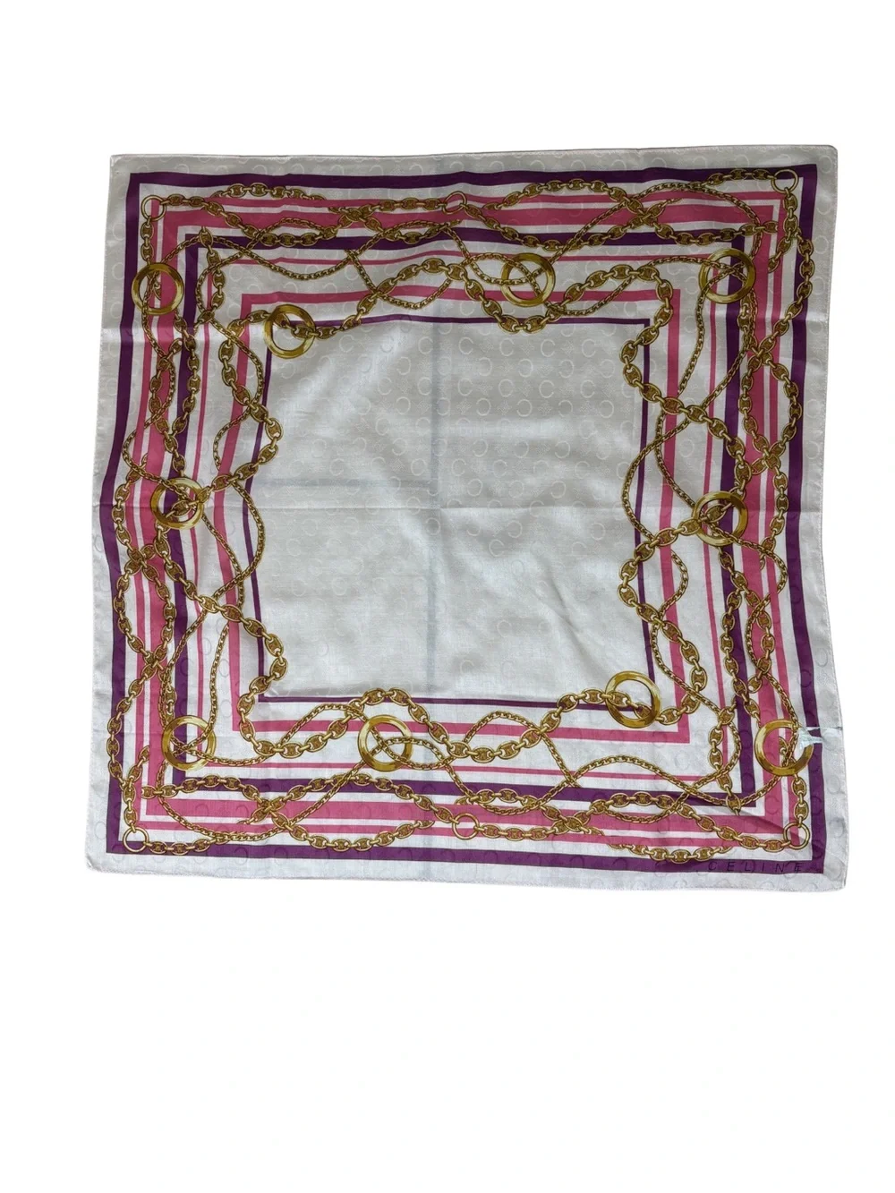 Celine White Silk Scarf with Pink, Purple & Gold Chain Print